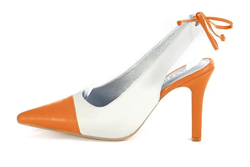 French elegance and refinement for these apricot orange and off white dress slingback shoes, 
                available in many subtle leather and colour combinations. This beautiful enveloping pump will fit your foot without binding it
Its rear lacing will allow you to adjust it to your liking.
To be declined according to your choice of materials and colors.  
                Matching clutches for parties, ceremonies and weddings.   
                You can customize these shoes to perfectly match your tastes or needs, and have a unique model.  
                Choice of leathers, colours, knots and heels. 
                Wide range of materials and shades carefully chosen.  
                Rich collection of flat, low, mid and high heels.  
                Small and large shoe sizes - Florence KOOIJMAN